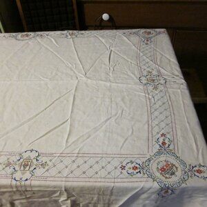 vtg handcrafted linen floral tablecloth Mint 100 x 72 blue pink rust floral